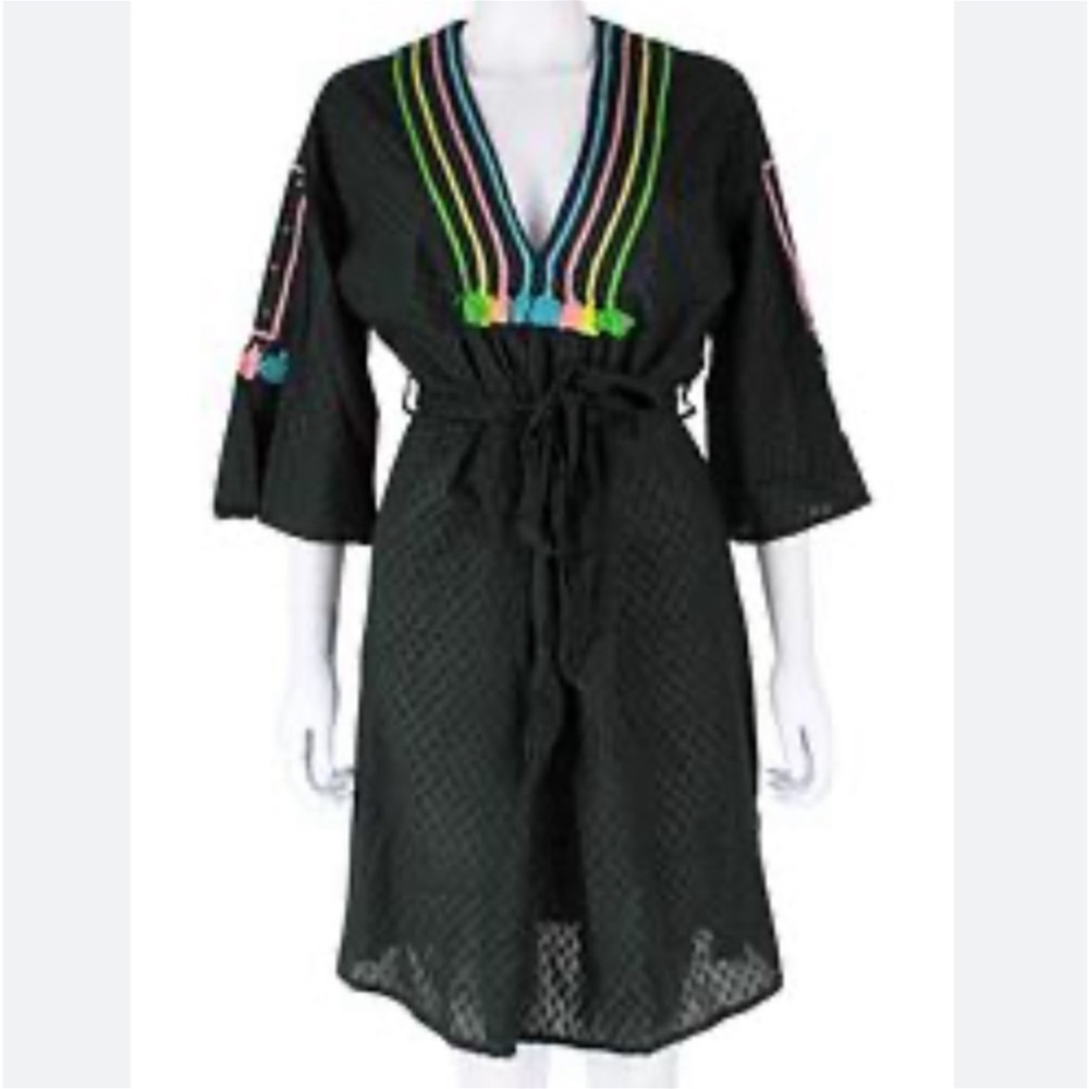 Banjanan Black Vneck Dress With Colorful Multicolored Tassels And Embroidery S